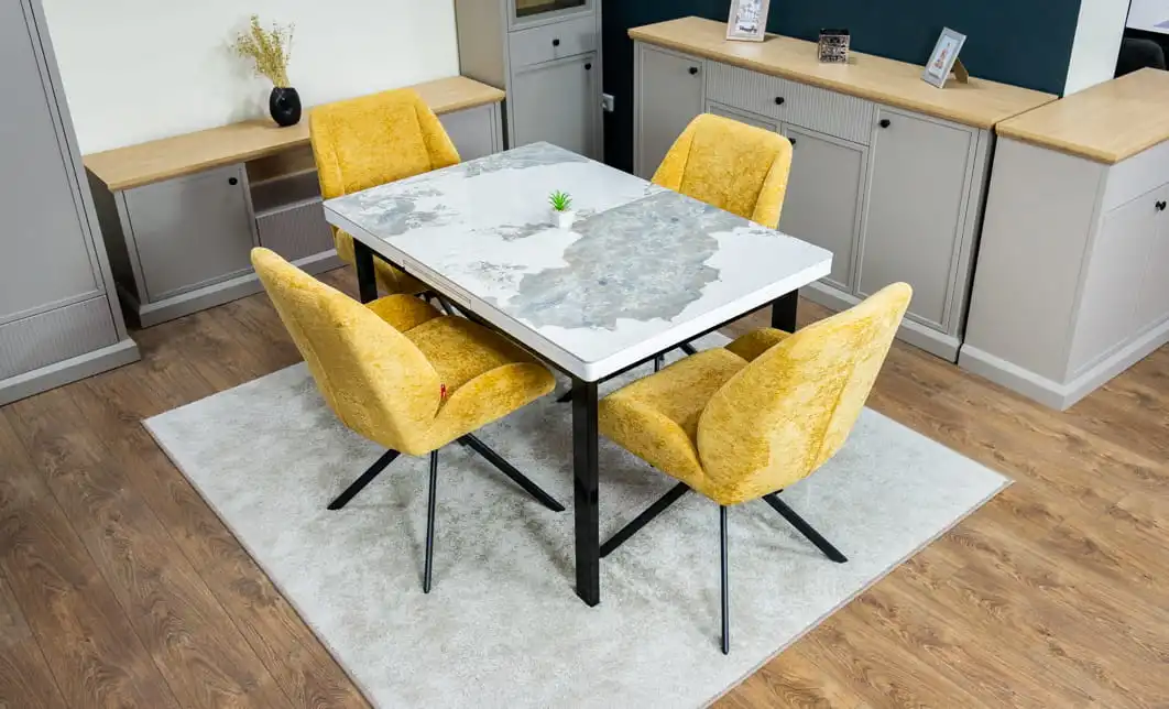 Set Masă Living Extensibilă Blat Ceramic KJT416 Alb-Cappuccino cu 4 Scaune KJC4347 Galbene 2
