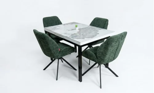 Set Masă Living Extensibilă Blat Ceramic KJT416 Alb-Cappuccino cu 4 Scaune KJC4347 Verzi