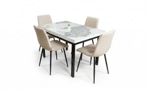 Set Masă Living Extensibilă Blat Ceramic KJD416 Alb-Cappuccino cu 4 Scaune KJC5341 Bej