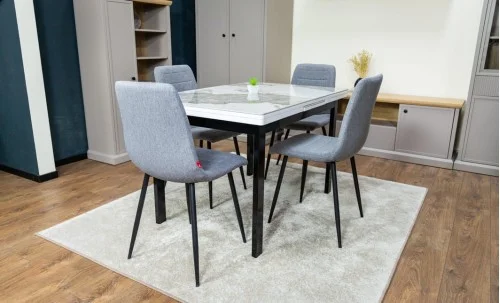 Set Masă Living Extensibilă Blat Ceramic KJD416 Alb-Cappuccino cu 4 Scaune KJC5341 Gri