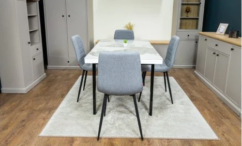Set Masă Living Extensibilă Blat Ceramic KJD416 Alb-Cappuccino cu 4 Scaune KJC5341 Gri