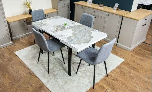 Set Masă Living Extensibilă Blat Ceramic KJD416 Alb-Cappuccino cu 4 Scaune KJC5341 Gri