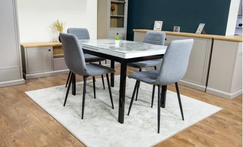 Set Masă Living Extensibilă Blat Ceramic KJD416 Alb-Cappuccino cu 4 Scaune KJC5341 Gri