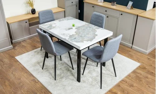 Set Masă Living Extensibilă Blat Ceramic KJD416 Alb-Cappuccino cu 4 Scaune KJC5341 Gri