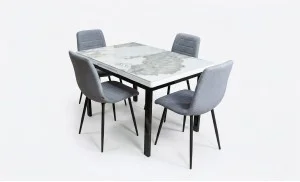 Set Masă Living Extensibilă Blat Ceramic KJD416 Alb-Cappuccino cu 4 Scaune KJC5341 Gri