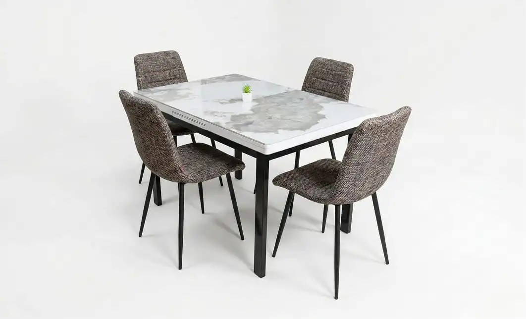 Set Masă Living Extensibilă Blat Ceramic KJD416 Alb-Cappuccino cu 4 Scaune KJC5341 Maro 1