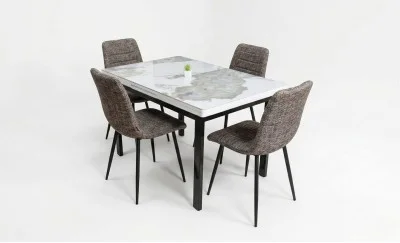 Set Masă Living Extensibilă Blat Ceramic KJD416 Alb-Cappuccino cu 4 Scaune KJC5341 Maro