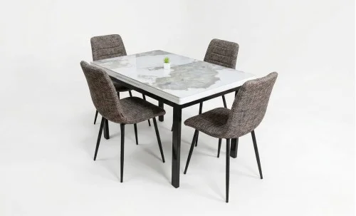Set Masă Living Extensibilă Blat Ceramic KJD416 Alb-Cappuccino cu 4 Scaune KJC5341 Maro
