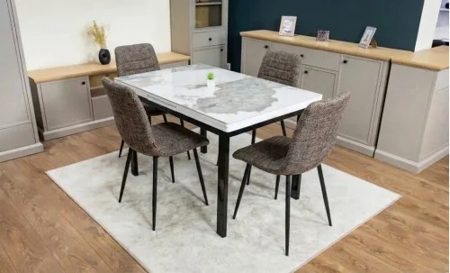 Set Masă Living Extensibilă Blat Ceramic KJD416 Alb-Cappuccino cu 4 Scaune KJC5341 Maro