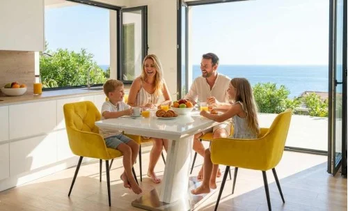 Set Masă Living Extensibilă KJT380 Blat Lucios Alb cu 4 Scaune KJC38 Galbene