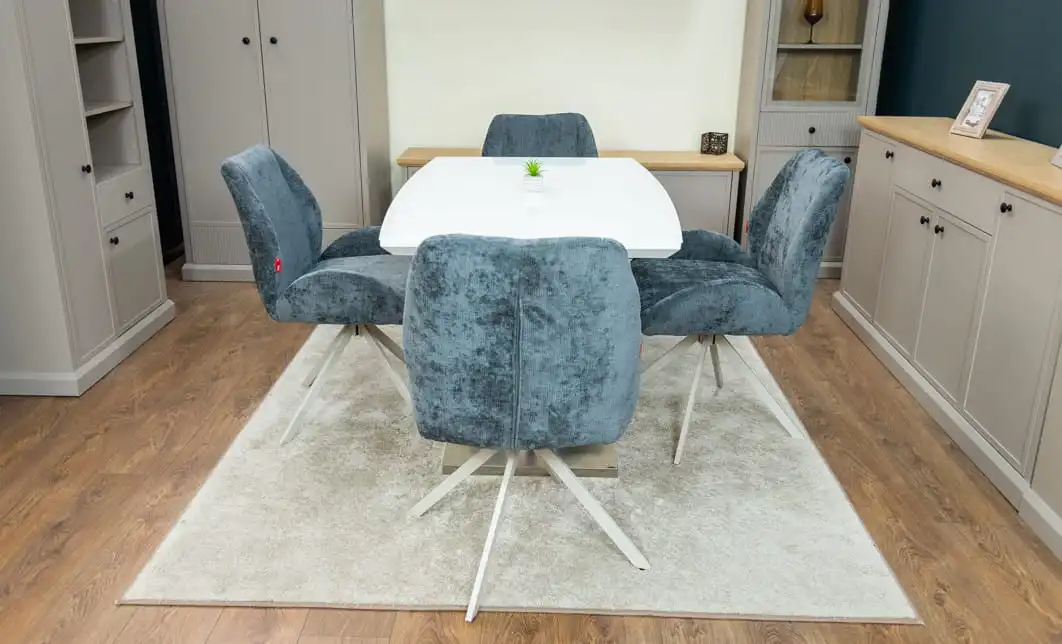 Set Masă Living Extensibilă KJT380 Blat Lucios Alb cu 4 Scaune Rotative DCM0104CS Gri 6