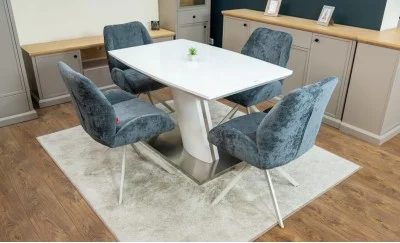 Set Masă Living Extensibilă KJT380 Blat Lucios Alb cu 4 Scaune Rotative DCM0104CS Gri