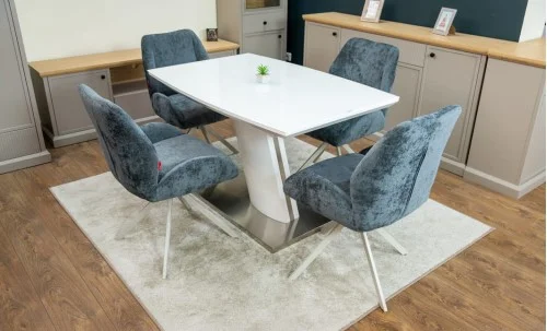 Set Masă Living Extensibilă KJT380 Blat Lucios Alb cu 4 Scaune Rotative DCM0104CS Gri