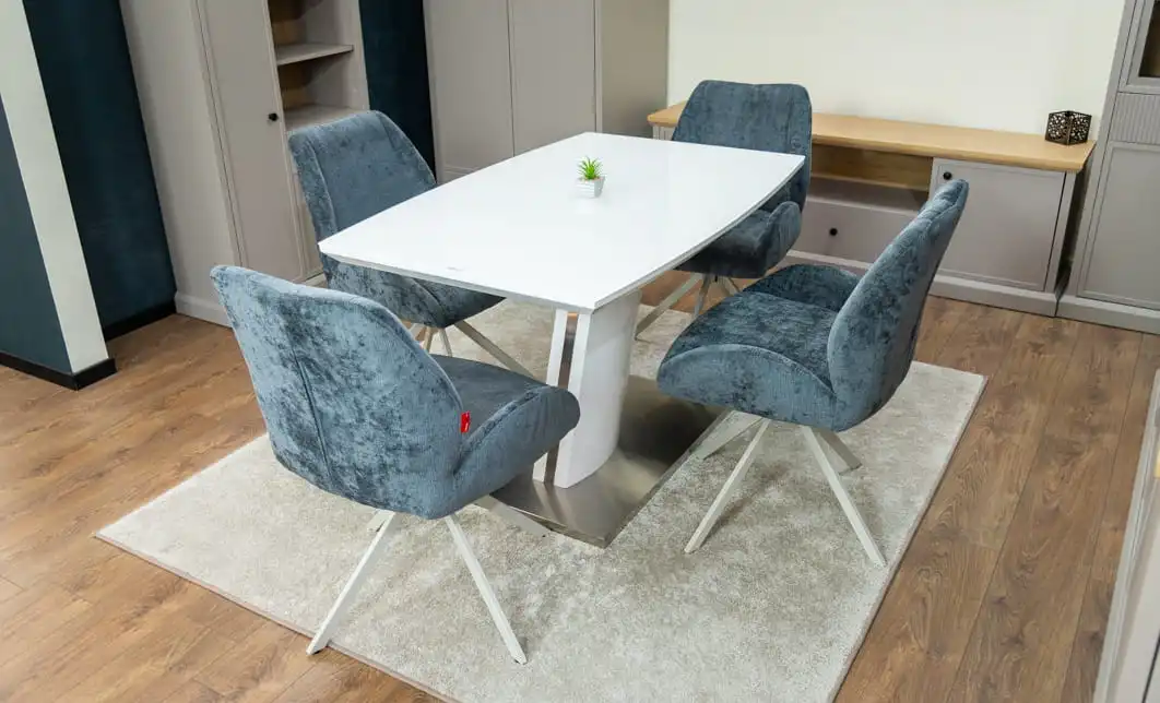 Set Masă Living Extensibilă KJT380 Blat Lucios Alb cu 4 Scaune Rotative DCM0104CS Gri 4