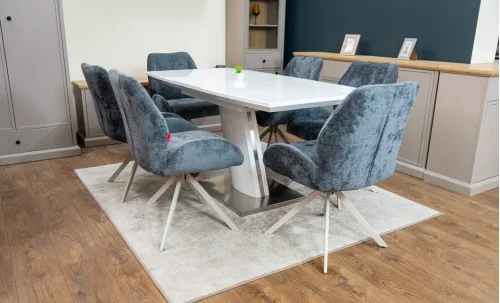 Set Masă Living Extensibilă KJT380 Blat Lucios Alb cu 6 Scaune Rotative DCM0104CS Gri