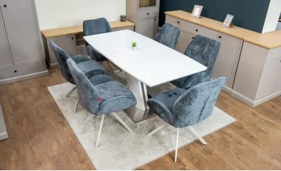 Set Masă Living Extensibilă KJT380 Blat Lucios Alb cu 6 Scaune Rotative DCM0104CS Gri