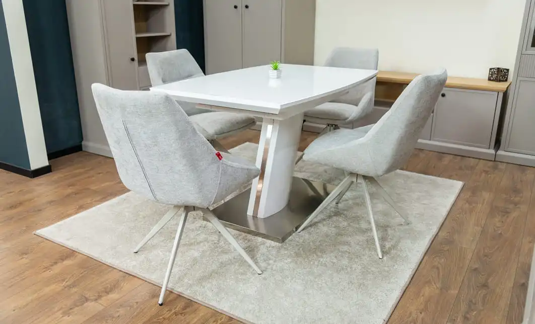 Set Masă Living Extensibilă KJT380 Blat Lucios Alb cu 4 Scaune Rotative DCM0108CS Gri Deschis 3