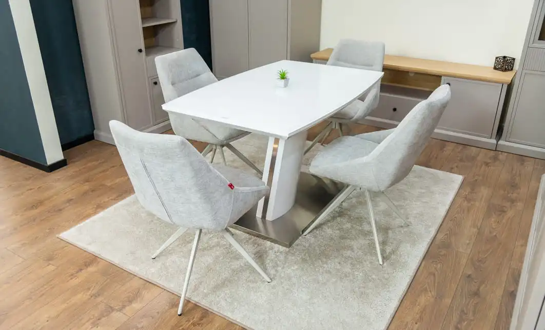 Set Masă Living Extensibilă KJT380 Blat Lucios Alb cu 4 Scaune Rotative DCM0108CS Gri Deschis 4