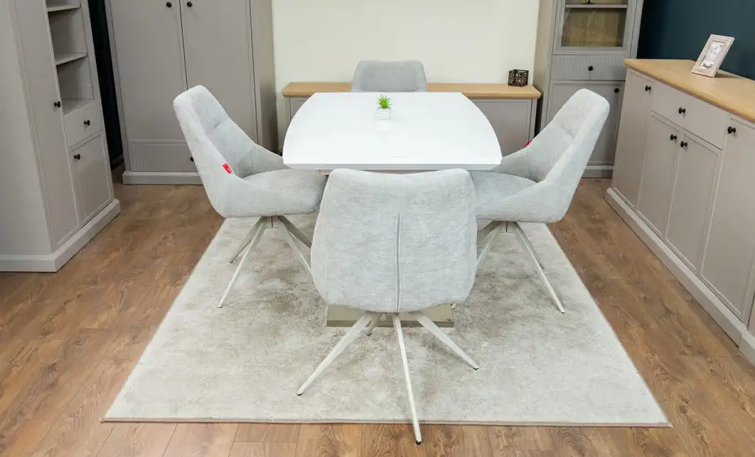Set Masă Living Extensibilă KJT380 Blat Lucios Alb cu 4 Scaune Rotative DCM0108CS Gri Deschis 6