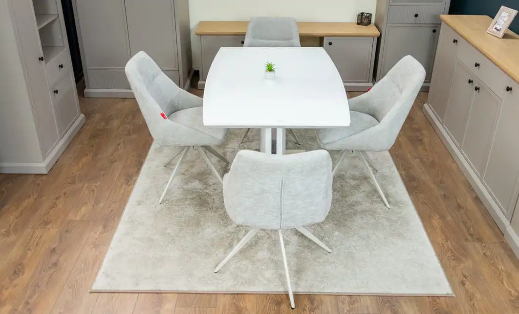 Set Masă Living Extensibilă KJT380 Blat Lucios Alb cu 4 Scaune Rotative DCM0108CS Gri Deschis 7