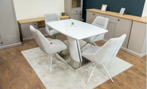 Set Masă Living Extensibilă KJT380 Blat Lucios Alb cu 4 Scaune Rotative DCM0108CS Gri Deschis