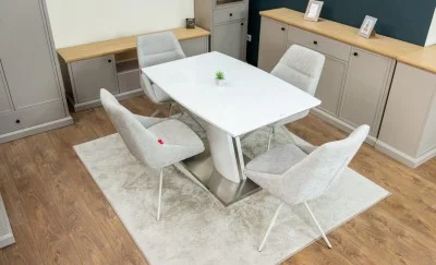 Set Masă Living Extensibilă KJT380 Blat Lucios Alb cu 4 Scaune Rotative DCM0108CS Gri Deschis