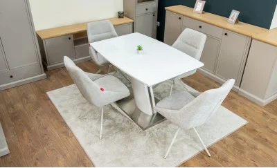 Set Masă Living Extensibilă KJT380 Blat Lucios Alb cu 4 Scaune Rotative DCM0108CS Gri Deschis