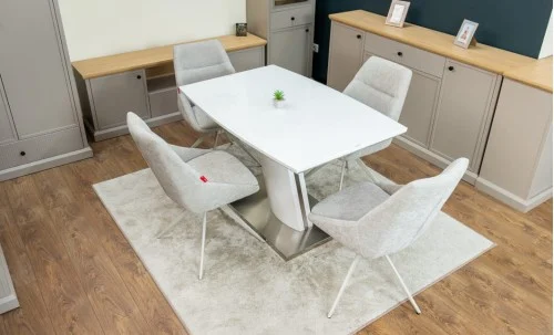 Set Masă Living Extensibilă KJT380 Blat Lucios Alb cu 4 Scaune Rotative DCM0108CS Gri Deschis