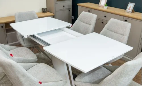 Set Masă Living Extensibilă KJT380 Blat Lucios Alb cu 6 Scaune Rotative DCM0108CS Gri Deschis