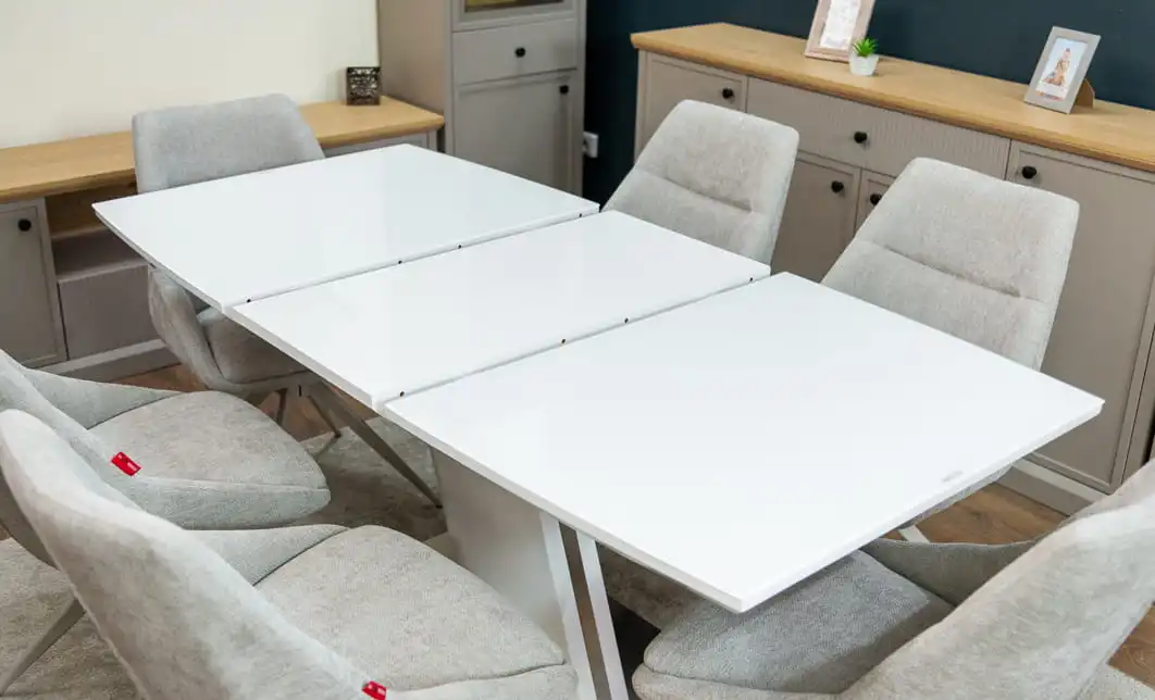 Set Masă Living Extensibilă KJT380 Blat Lucios Alb cu 6 Scaune Rotative DCM0108CS Gri Deschis 10