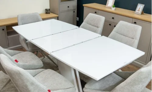 Set Masă Living Extensibilă KJT380 Blat Lucios Alb cu 6 Scaune Rotative DCM0108CS Gri Deschis