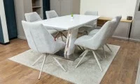 Set Masă Living Extensibilă KJT380 Blat Lucios Alb cu 6 Scaune Rotative DCM0108CS Gri Deschis 3