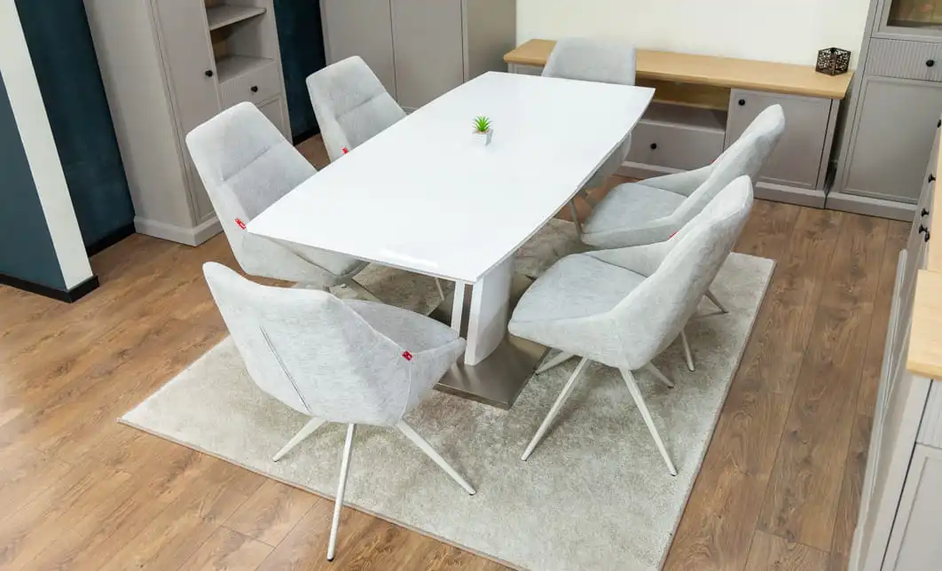 Set Masă Living Extensibilă KJT380 Blat Lucios Alb cu 6 Scaune Rotative DCM0108CS Gri Deschis 5