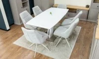 Set Masă Living Extensibilă KJT380 Blat Lucios Alb cu 6 Scaune Rotative DCM0108CS Gri Deschis 5