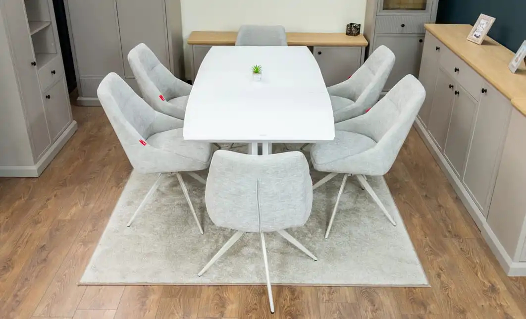 Set Masă Living Extensibilă KJT380 Blat Lucios Alb cu 6 Scaune Rotative DCM0108CS Gri Deschis 7