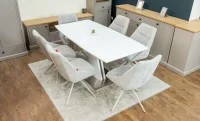 Set Masă Living Extensibilă KJT380 Blat Lucios Alb cu 6 Scaune Rotative DCM0108CS Gri Deschis
