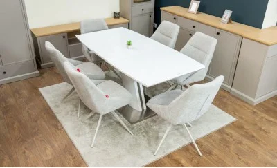 Set Masă Living Extensibilă KJT380 Blat Lucios Alb cu 6 Scaune Rotative DCM0108CS Gri Deschis