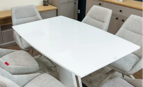 Set Masă Living Extensibilă KJT380 Blat Lucios Alb cu 6 Scaune Rotative DCM0108CS Gri Deschis