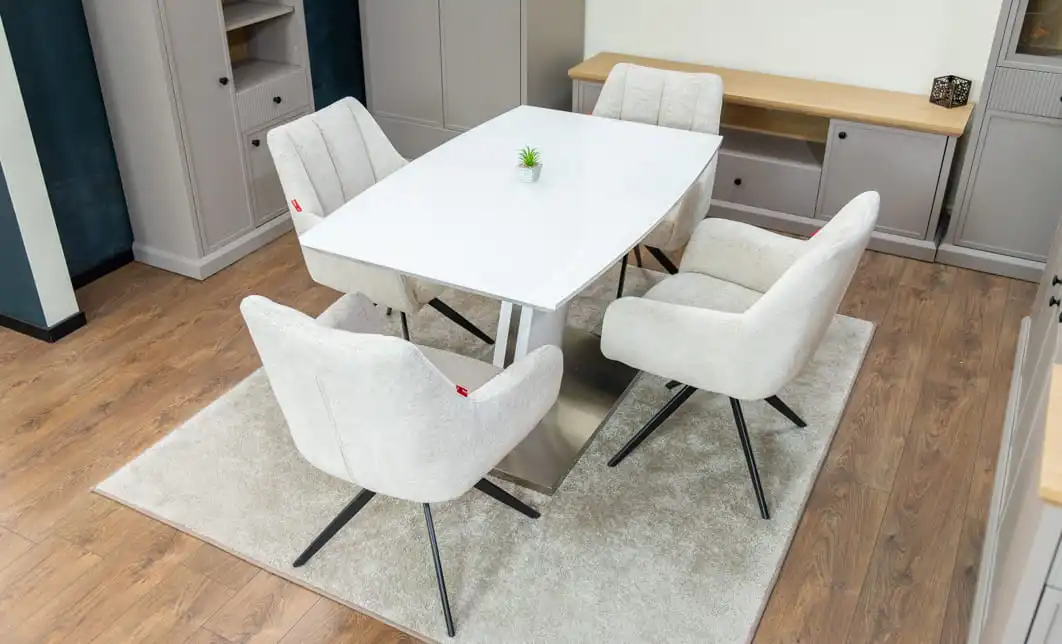 Set Masă Living Extensibilă KJT380 Blat Lucios Alb cu 4 Scaune DCM0112AS Bej 5