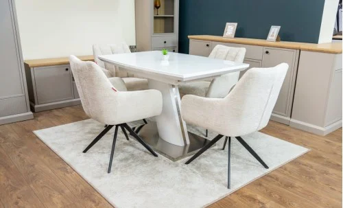Set Masă Living Extensibilă KJT380 Blat Lucios Alb cu 4 Scaune DCM0112AS Bej