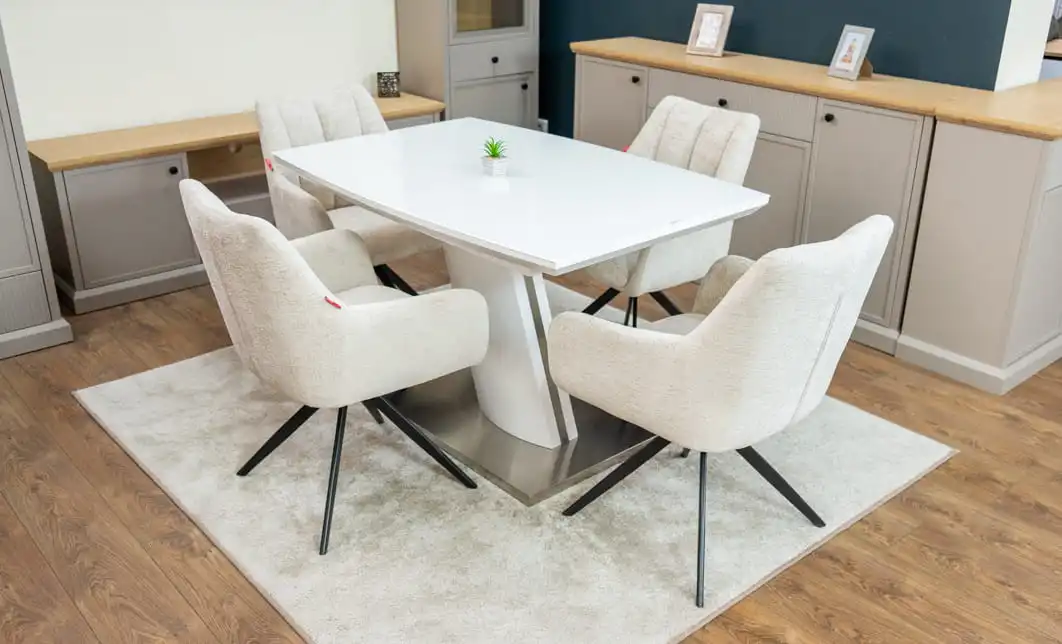 Set Masă Living Extensibilă KJT380 Blat Lucios Alb cu 4 Scaune DCM0112AS Bej