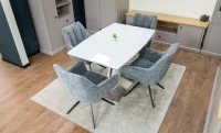 Set Masă Living Extensibilă KJT380 Blat Lucios Alb cu 4 Scaune Rotative DCM0112 Gri 5