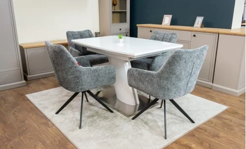 Set Masă Living Extensibilă KJT380 Blat Lucios Alb cu 4 Scaune Rotative DCM0112 Gri