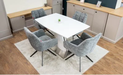 Set Masă Living Extensibilă KJT380 Blat Lucios Alb cu 4 Scaune Rotative DCM0112 Gri