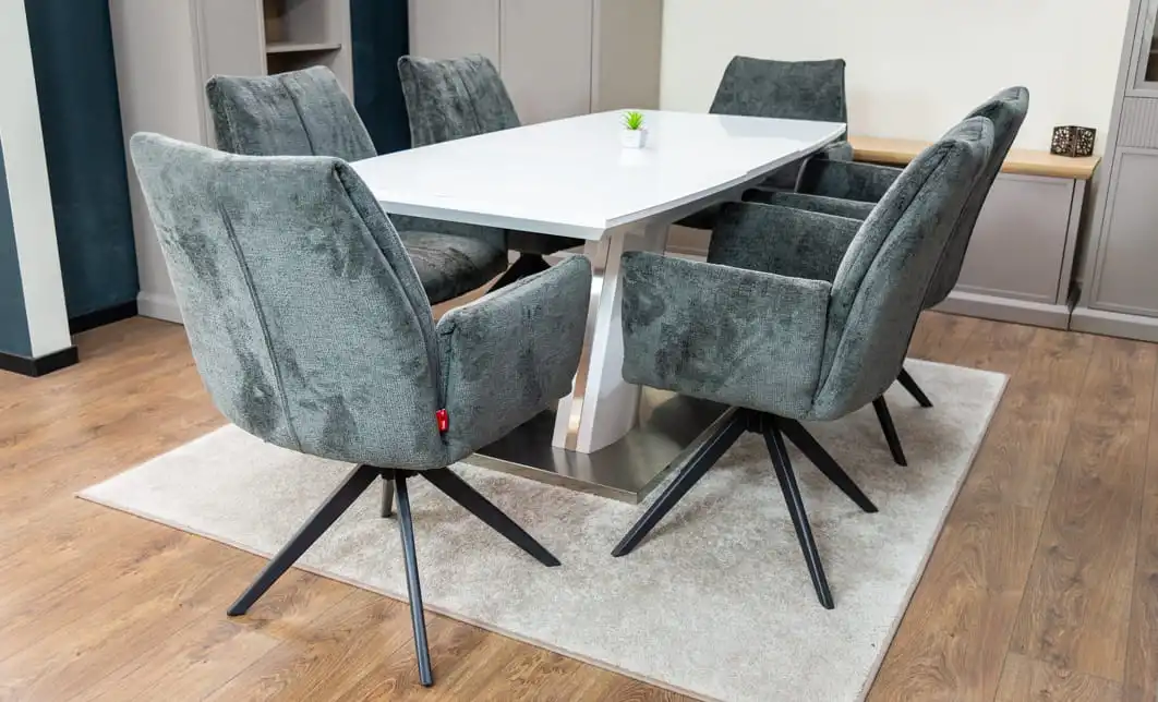 Set Masă Living Extensibilă KJT380 Blat Lucios Alb cu 6 Scaune Rotative DCM0601AS Gri Închis 3