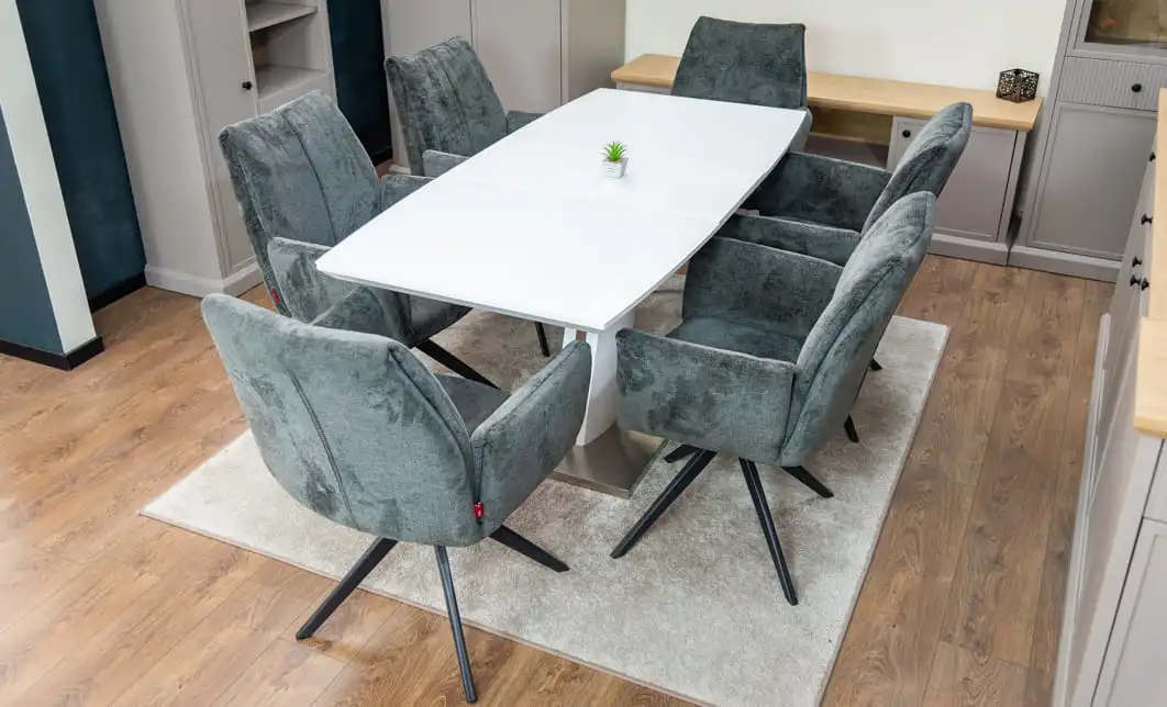Set Masă Living Extensibilă KJT380 Blat Lucios Alb cu 6 Scaune Rotative DCM0601AS Gri Închis 5