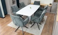 Set Masă Living Extensibilă KJT380 Blat Lucios Alb cu 6 Scaune Rotative DCM0601AS Gri Închis 5