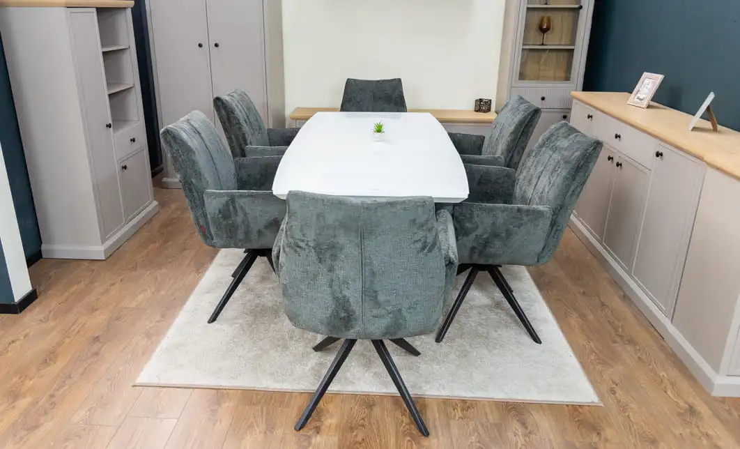 Set Masă Living Extensibilă KJT380 Blat Lucios Alb cu 6 Scaune Rotative DCM0601AS Gri Închis 4