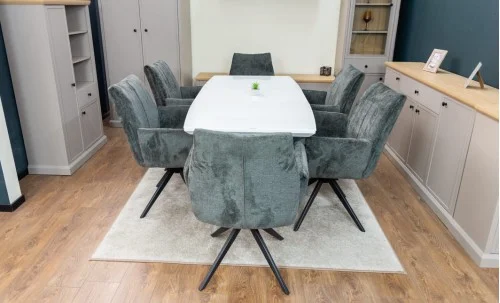 Set Masă Living Extensibilă KJT380 Blat Lucios Alb cu 6 Scaune Rotative DCM0601AS Gri Închis
