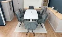 Set Masă Living Extensibilă KJT380 Blat Lucios Alb cu 6 Scaune Rotative DCM0601AS Gri Închis 7